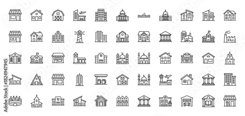 Architecture and real estate line icon set. Vector pictograms of houses, apartments, shops, and government buildings, thin linear illustration.