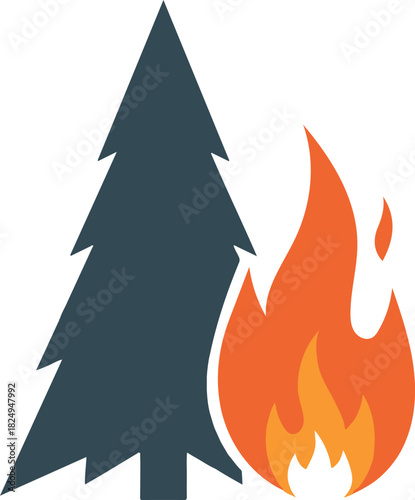 Abstract vector illustration of a forest fire with a stylized dark green tree and vibrant orange flames, symbolizing environmental hazard, climate change, and deforestation warning.