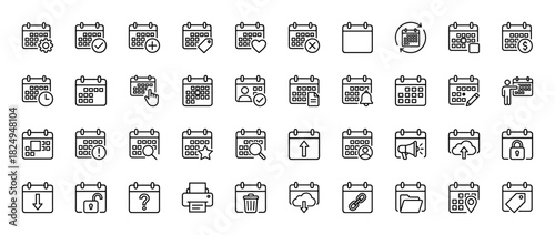 Planning and organization calendar line icon set. Vector pictograms of schedule, date, event, time, and appointment symbols, thin linear illustration.