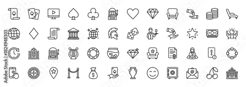 Casino gambling and entertainment line icon set. Vector pictograms of playing cards, slot machine, roulette, and money, thin linear illustration.