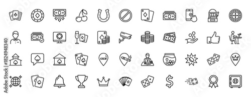 Gambling and casino games line icon set. Vector pictograms of playing cards, dice, roulette, slot machine, and money, thin linear illustration.