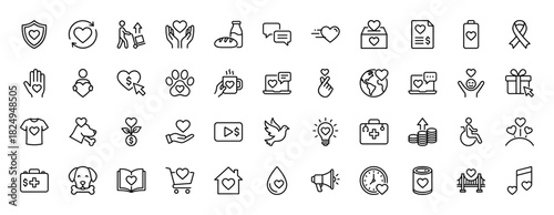 Charity and donation line icon set. Vector pictograms of hearts, giving hands, money, animals, and medical care, thin linear illustration.