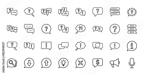 Chat and communication line icon set. Vector pictograms of question, exclamation, speech bubbles, lightbulb, and megaphone, thin linear illustration.
