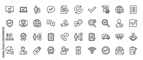 Approval and quality control line icon set. Vector pictograms of verification, document check, delivery confirmation, and security protection, thin linear illustration.