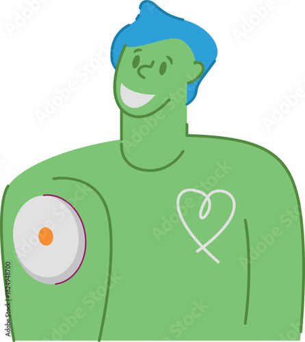 Vector illustration of a young man with type 1 diabetes, a character for an educational medical health resource, a sensor for measuring sugar, helping people