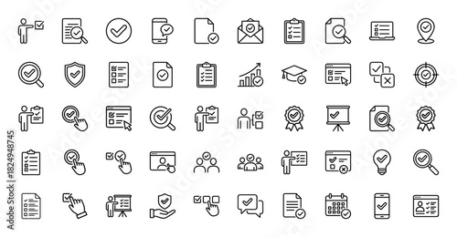 Business and education verification line icon set. Vector pictograms of document, checklist, smartphone, user, graduation cap, and approved mail, thin linear illustration.