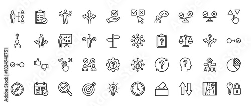 Decision making and business strategy line icon set. Vector pictograms of choice, problem, solution, and risk assessment, thin linear illustration.