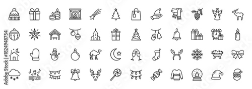 Holidays and winter celebrations line icon set. Vector pictograms of gift, snowman, tree, reindeer, bell, and lights, thin linear illustration.