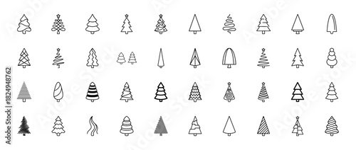 Christmas and winter holiday tree icon set. Vector pictograms of various stylized and abstract fir trees, thin line illustration collection.