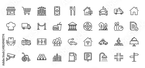 Business, service, and travel line icon set. Vector pictograms of house, car, shopping cart, restaurant, and hotel, thin linear illustration.