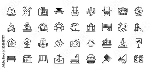 Parks and recreation line icon set. Vector pictograms of camping, picnic, playground, nature, and outdoor activities, thin linear illustration.