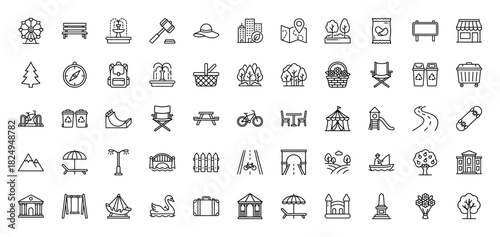 Park and outdoor recreation line icon set. Vector pictograms of map, swing, fountain, bench, and amusement ride, thin linear illustration.