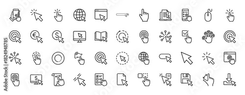 Interface and web cursor line icon set. Vector pictograms of pointer hand, click, drag, target, and document selection, thin linear illustration.