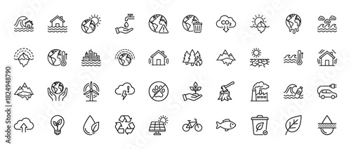 Climate change and ecology line icon set. Vector pictograms of global warming, pollution, recycling, and renewable energy, thin linear illustration.