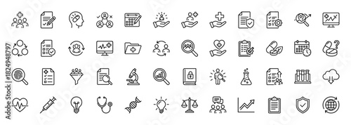 Healthcare and science line icon set. Vector pictograms of research, prescription, dna, stethoscope, and pharmacy, thin linear illustration.