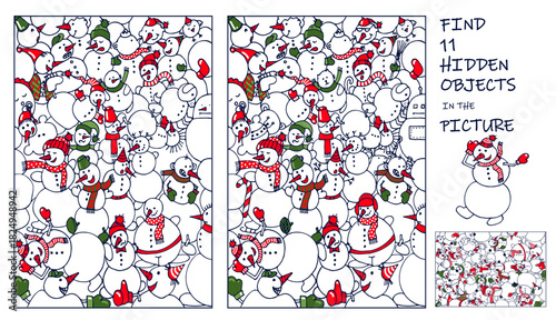 Find the differences in the picture. Crowd of Snowman. Find hidden objects. Winter puzzle game for kids. Sketch vector illustration