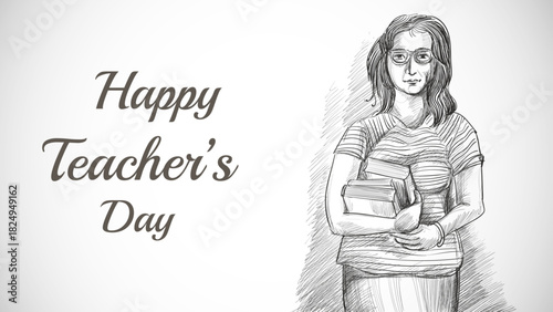 Hand drawn art sketch pretty teacher with teachers day background, vector illustration