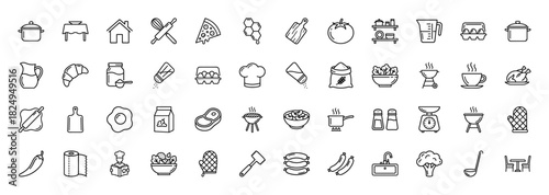Cooking and kitchen utensil line icon set. Vector pictograms of pizza, pots, whisk, scale, ingredients, and grill, thin linear illustration.