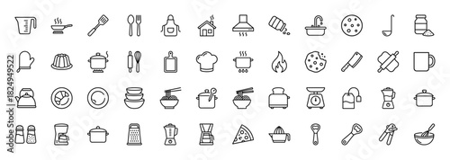 Kitchen outline icon set. Vector pictograms of apron, whisk, chef hat, pot, oven mitt, coffee maker, and blender, thin linear illustration.
