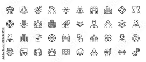 Business line icon set. Vector pictograms of team collaboration, handshake, meeting, and corporate partnership, thin linear illustration.