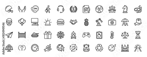 Universal line icon set. Vector pictograms of protection, technology, leisure, and essential concepts, thin linear illustration.