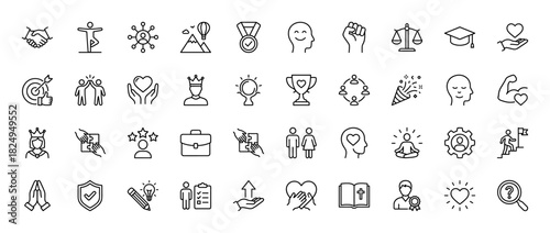 Achievement, success, and positive personality line icon set. Vector pictograms of medal, handshake, balance, crown, and trophy, thin linear illustration.