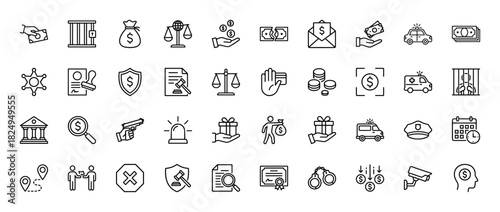 Law and justice line icon set. Vector pictograms of scales, gavel, handcuffs, police, and money, thin linear illustration.