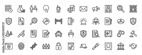 Law and justice line icon set. Vector pictograms of police officer, handcuffs, gavel, safe, and court building, thin linear illustration.