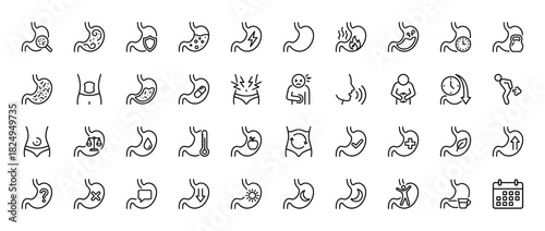 Medical gastroenterology line icon set. Vector pictograms of stomach pain, heartburn, acid reflux, and digestion health, thin linear illustration.