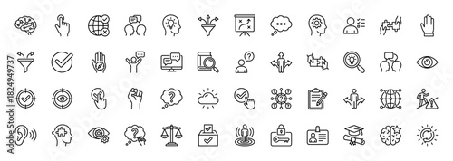 Decision making and problem-solving line icon set. Vector pictograms of brain, lightbulb, checklist, and arrow paths, thin linear illustration.