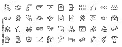 Customer feedback and review line icon set. Vector pictograms of star rating, testimonial, check list, and like hand, thin linear illustration.