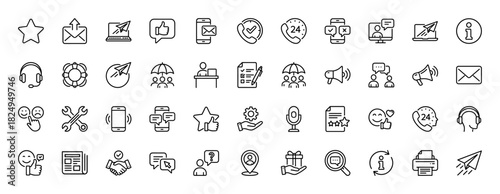 Customer service and support line icon set. Vector pictograms of headset, phone, email, chat, and rating, thin linear illustration.
