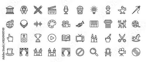 Arts and entertainment line icon set. Vector pictograms of cinema, music, performance, theater, and creative hobbies, thin linear illustration.