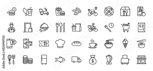 Food delivery and restaurant service line icon set. Vector pictograms of pizza, delivery man, food cart, and receipt, thin linear illustration.