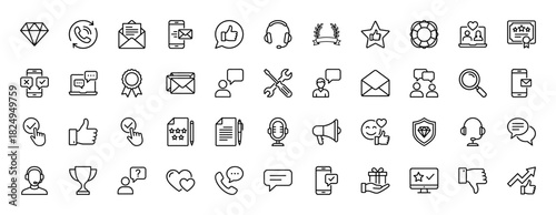 Customer service and feedback line icon set. Vector pictograms of telephone call, message envelope, rating stars, and headset, thin linear illustration.