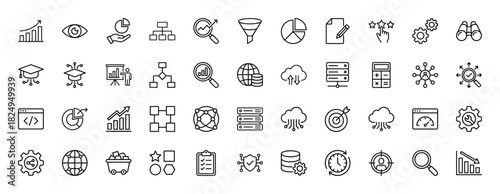 Business and data analysis line icon set. vector pictograms of charts, gear, target, and cloud storage, thin linear illustration.