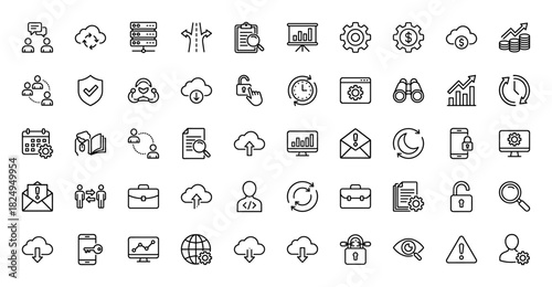 Technology and business line icon set. Vector pictograms of gear, cloud, chart, data, and security, thin linear illustration.