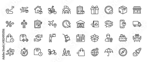 Logistics and shipping line icon set. Vector pictograms of delivery, warehouse, tracking, and transportation, thin linear illustration.