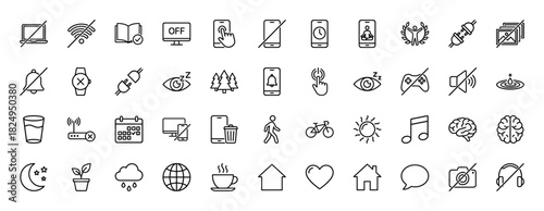Digital wellness and lifestyle line icon set. Vector pictograms of smartphone, notification, wifi, mute, sleep, and nature, thin linear illustration.