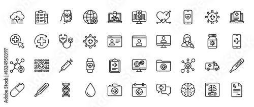 Medical and healthcare line icon set. vector pictograms of hospital, doctor, heart, thermometer, and syringe, thin linear illustration.