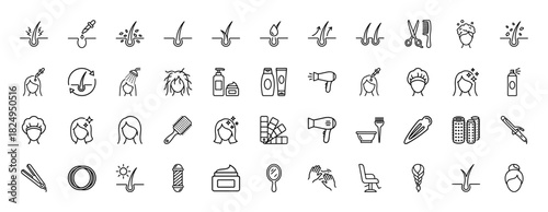 Beauty and hairdressing line icon set. Vector pictograms of shampoo, hair dryer, comb, scissors, and hair treatment, thin linear illustration.