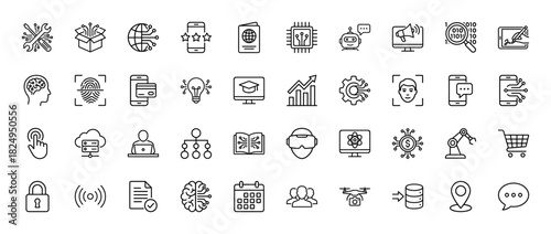 Technology and artificial intelligence line icon set. Vector pictograms of robotics, data, security, and digital communication, thin linear illustration.