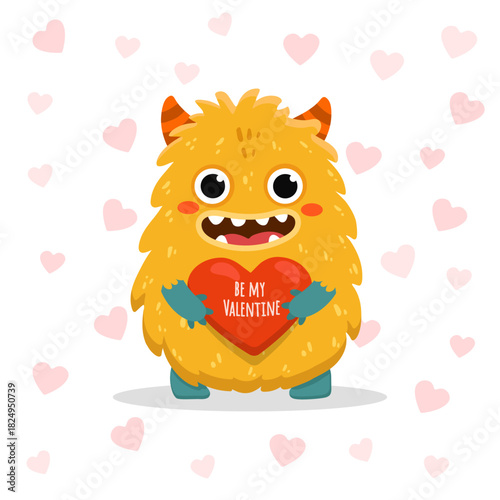 Cute cartoon monster with heart on white background. Happy Alien. Funny yellow monster in flat style. Vector illustration. 