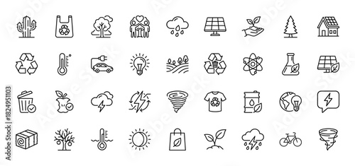 Ecology and sustainability line icon set. Vector pictograms of recycling, renewable energy, climate, and plant growth, thin linear illustration.