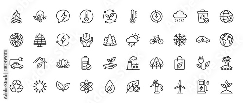Sustainability and renewable energy line icon set. Vector pictograms of wind power, recycling, electric cars, and earth, thin linear illustration.