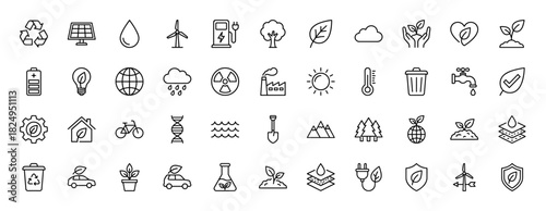 Ecology and environmental protection line icon set. Vector pictograms of recycling, renewable energy, green house, pollution, and nature elements, thin linear illustration.