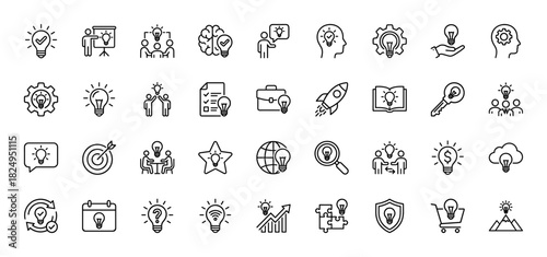Business solution line icon set. Vector pictograms of idea, teamwork, innovation, presentation, and success, thin linear illustration.