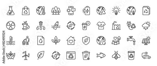 Ecology and sustainability line icon set. Vector pictograms of recycling, renewable energy, waste, and pollution, thin linear illustration.