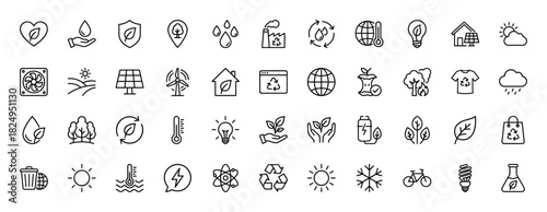 Ecology and environment line icon set. Vector pictograms of recycling, solar panel, water drop, and green energy, thin linear illustration.