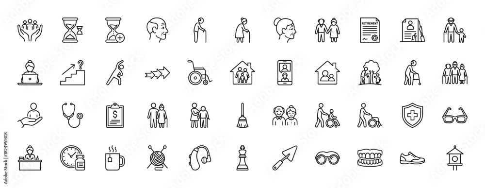 Obraz premium Elderly and retirement line icon set. Vector pictograms of aging, health, finance, and care, thin linear illustration.